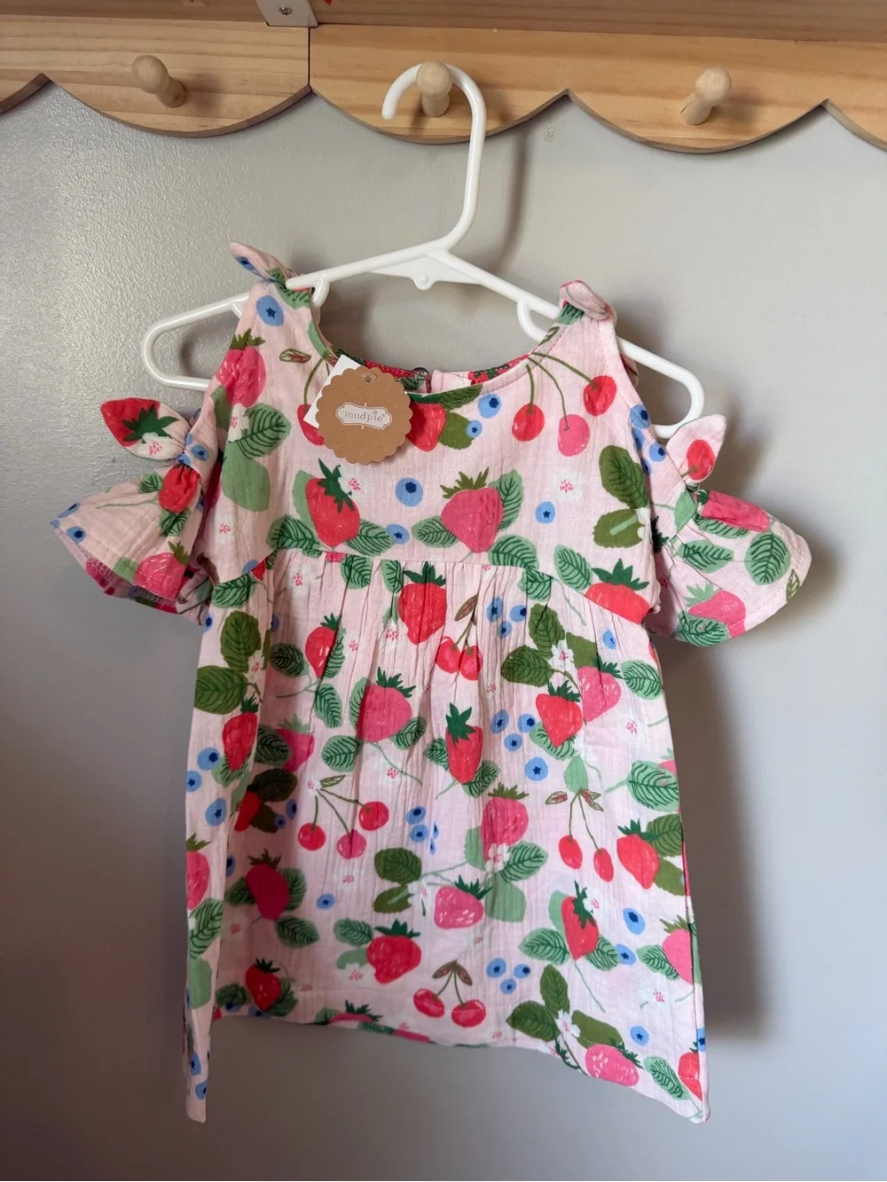 Mud Pie Girls 12-18M Pink Fruit Floral Muslin Cotton Dress Bow NWT Cold Shoulder